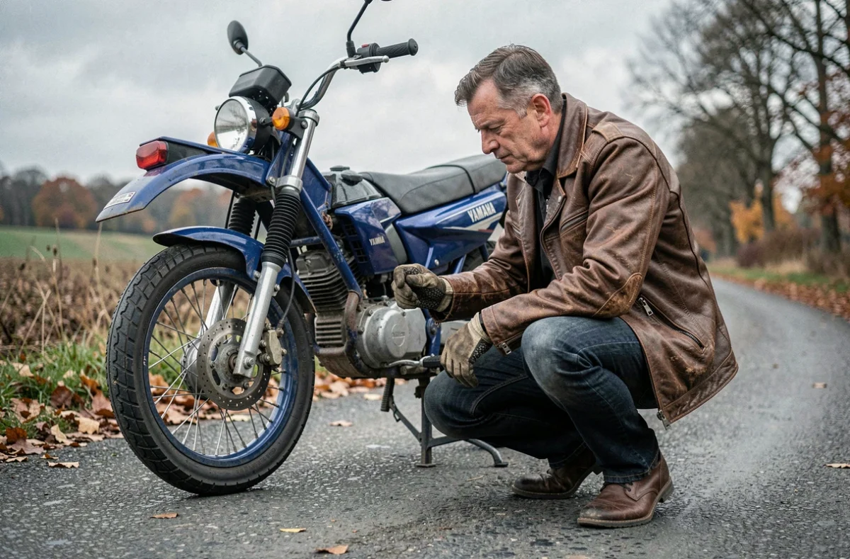 Homme inspectant une Yamaha TZR 125 d'époque sur une route de campagne en automne