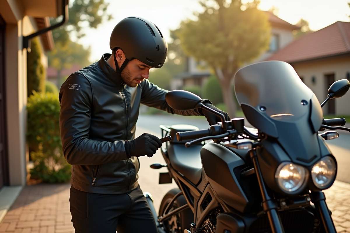 Motard installant un traceur GPS sous la selle d
