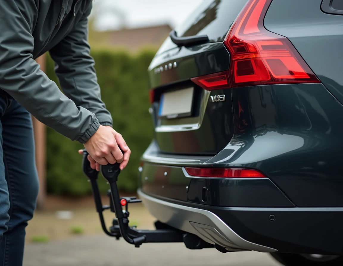 Homme installant un porte vélo attelage 4 vélos sur un break familial dans une allée résidentielle