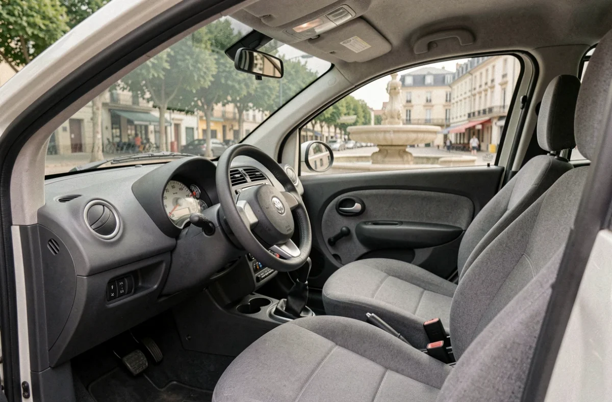 Intérieur d'une Chatenet voiture sans permis avec tableau de bord et siège conducteur