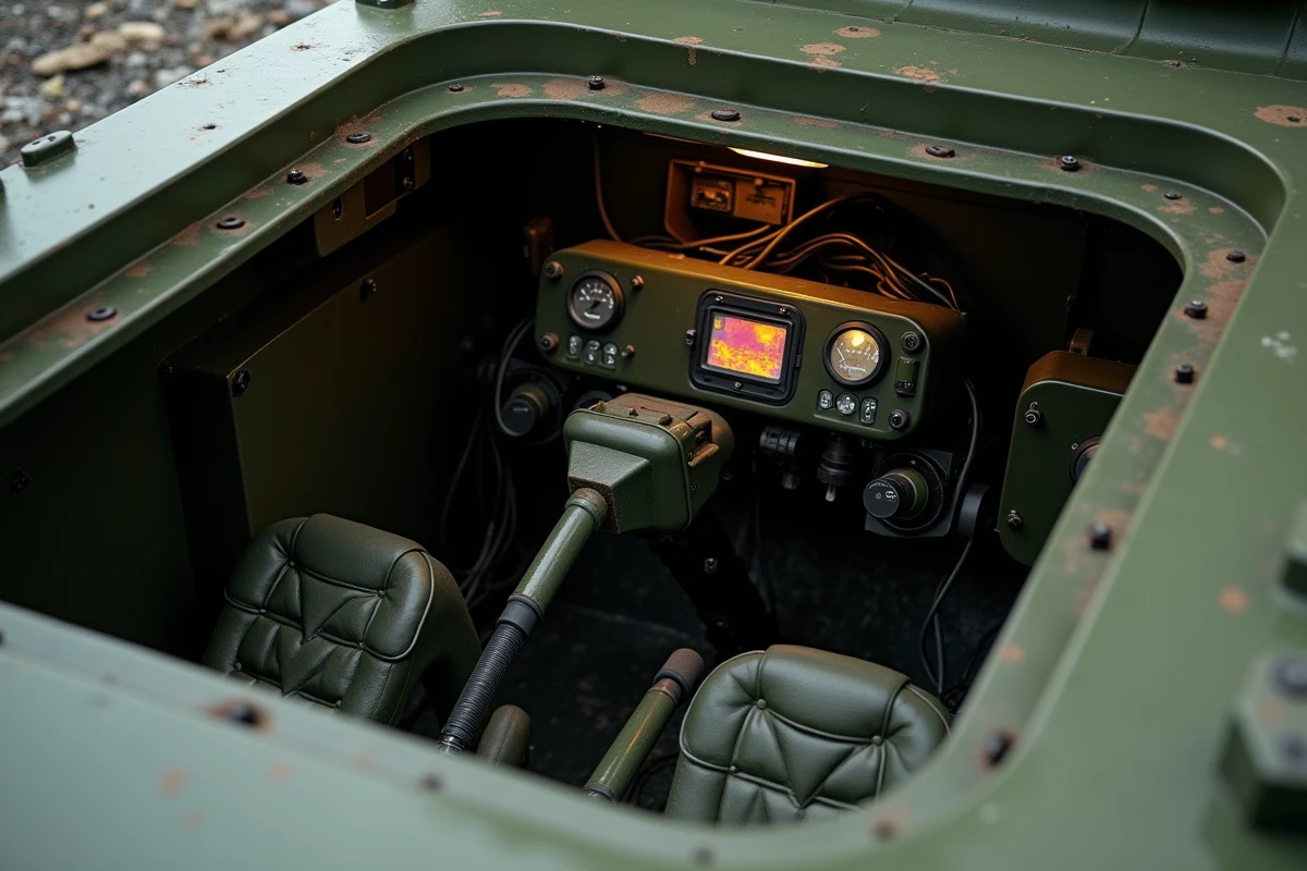 Intérieur du poste de pilotage d'un char Challenger 2 avec tableau de bord analogique, écran thermique et commandes militaires authentiques