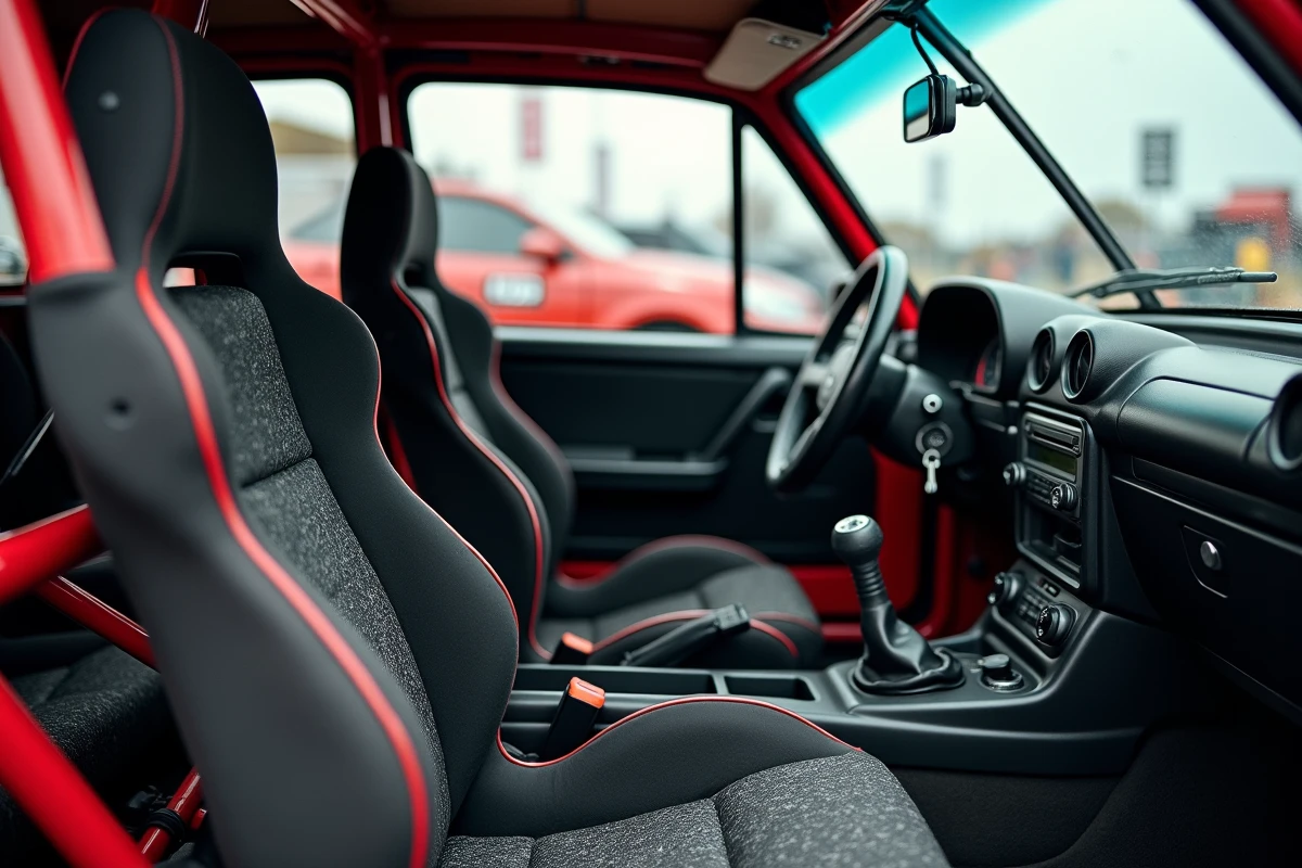 Intérieur préparé d'une voiture de série pour rallye amateur avec arceau, sièges baquet, harnais et extincteur homologué
