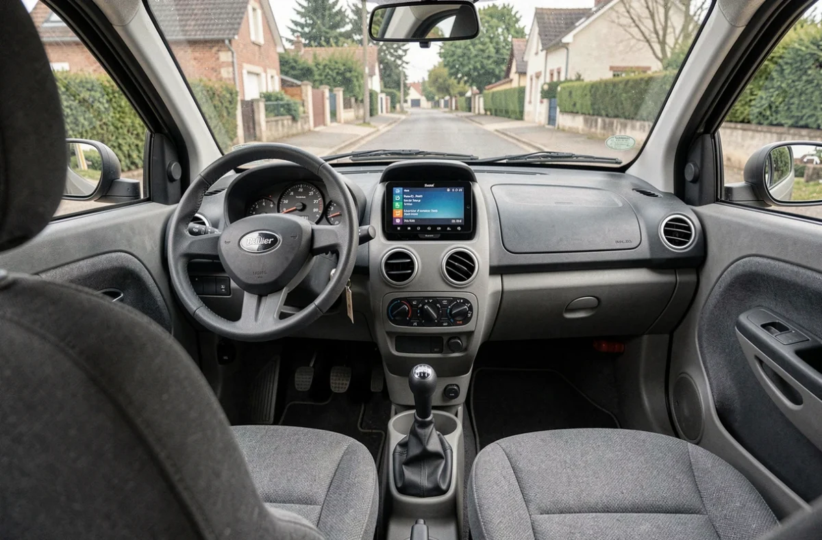 Intérieur et tableau de bord d'une voiture sans permis Bellier
