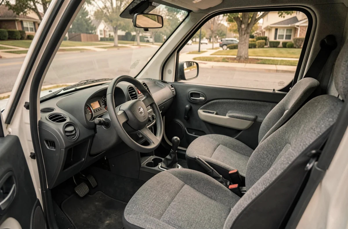 Intérieur minimaliste d'une voiture sans permis avec tableau de bord compact et sièges en tissu gris