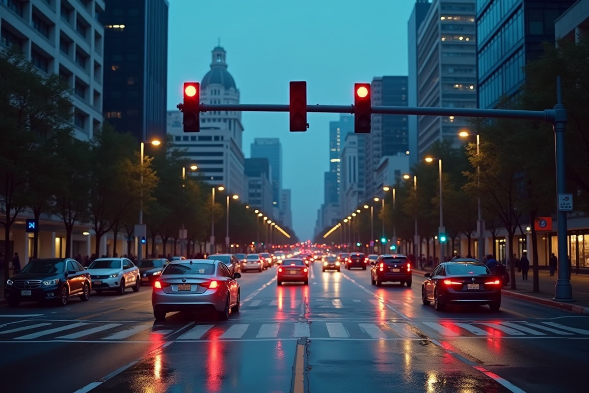 Intersection urbaine moderne au crépuscule avec feu blanc