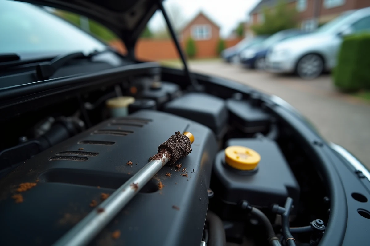 Gros plan sur la jauge à huile et le bouchon de remplissage d'une Peugeot 208 essence avec résidu d'huile dégradée