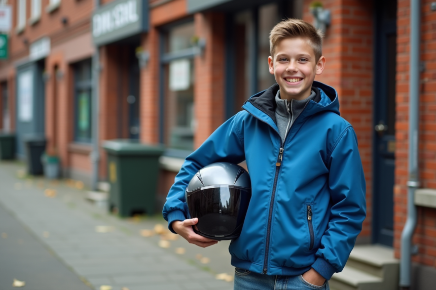 Jeune garçon souriant avec casque scooter devant école