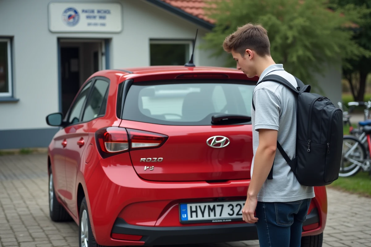 Jeune conducteur examinant l'arrière d'une Hyundai i20 rouge garée devant une auto-école, sac à dos sur le dos