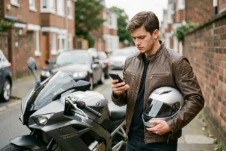 Jeune conducteur de moto consultant un comparateur d'assurance sur son smartphone