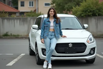 Jeune conductrice souriante appuyée sur une petite voiture compacte blanche de marque asiatique dans un parking résidentiel