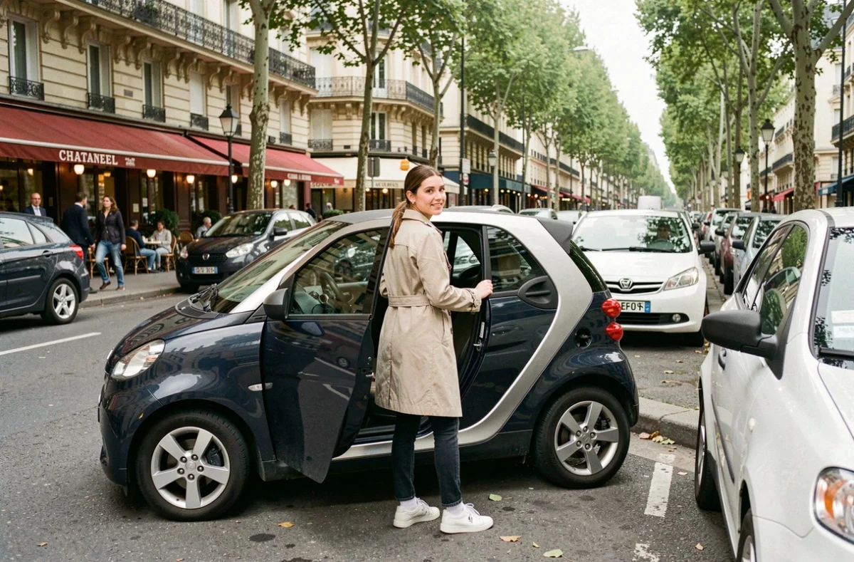 Jeune femme conduisant une Chatenet sans permis en centre-ville avec boulevard haussmannien