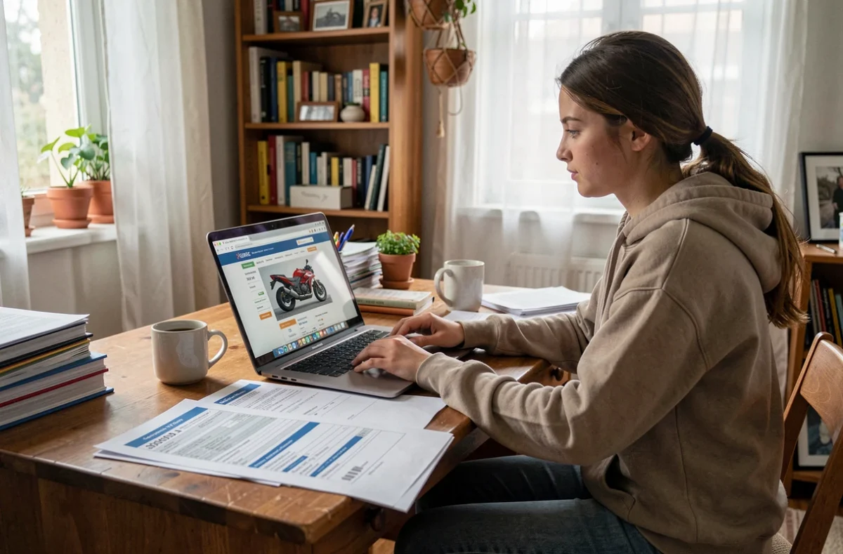 Jeune femme comparant des offres d'assurance moto sur ordinateur portable à la maison