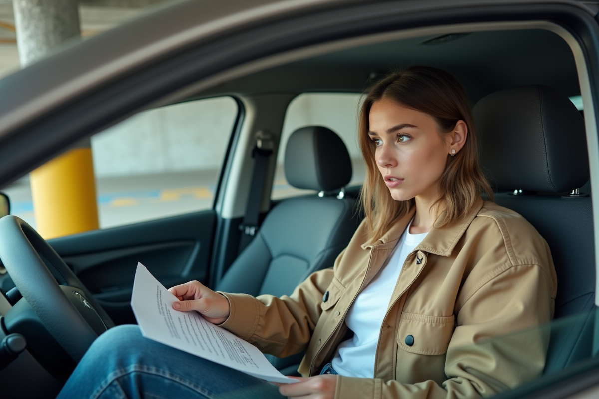 Jeune femme examinant un document dans une voiture au parking intérieur