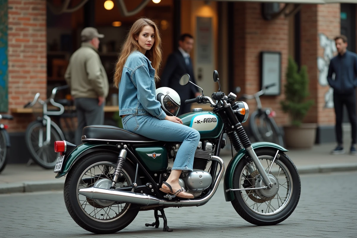 Jeune femme vintage assise sur une Kawasaki KZ 400 en ville