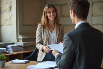 Jeune femme remettant des papiers à un agent administratif
