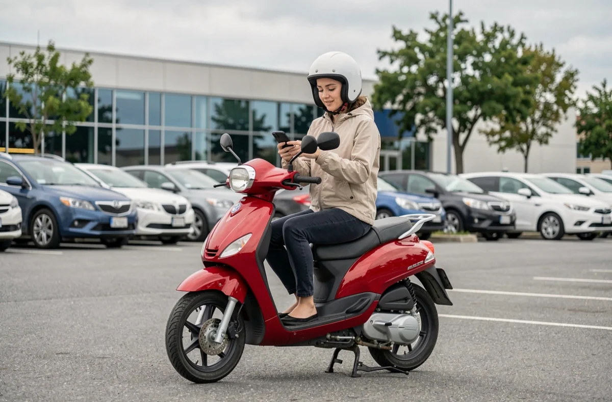 Jeune femme assise sur un scooter 50cc rouge dans un parking de banlieue consultant son téléphone