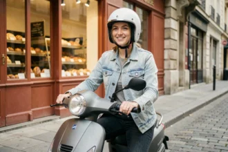 Jeune femme avec casque blanc sur un scooter 50cc sans permis garé devant une boulangerie française