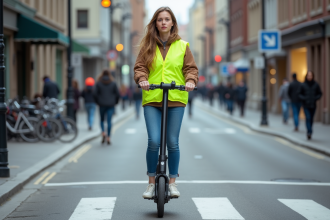 Jeune femme en scooter dans la ville avec gilet jaune