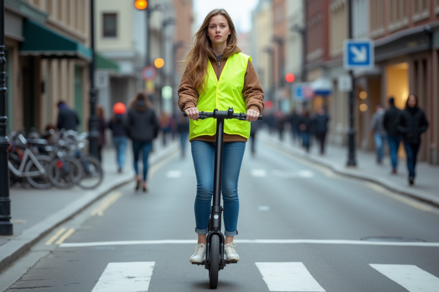Jeune femme en scooter dans la ville avec gilet jaune