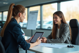 Jeune femme passant son permis en 2025 souriante avec examinateur