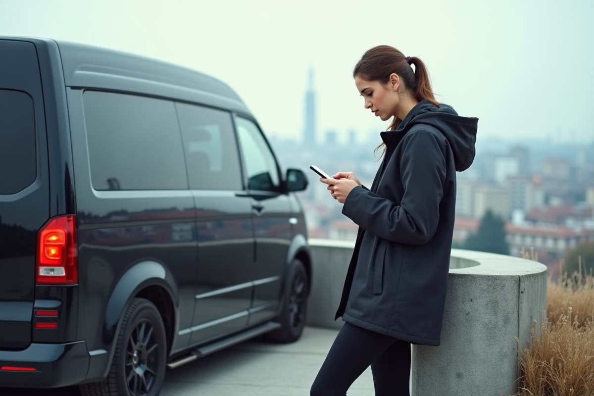 Jeune femme vérifiant son smartphone près d un van moderne