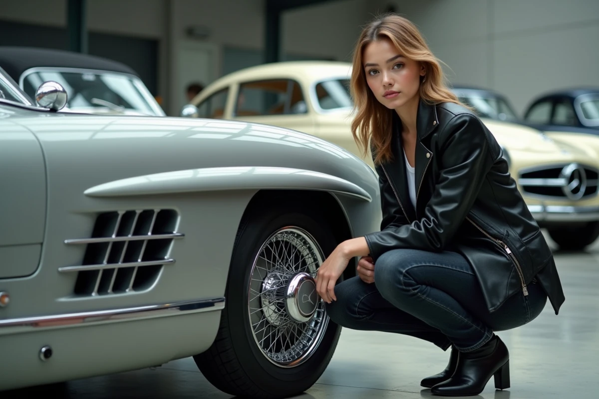 Jeune femme inspectant une Mercedes 300 SL lors d