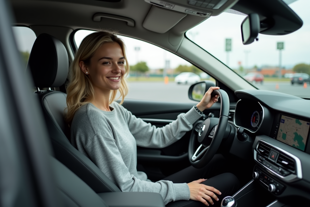 Jeune femme souriante au volant d