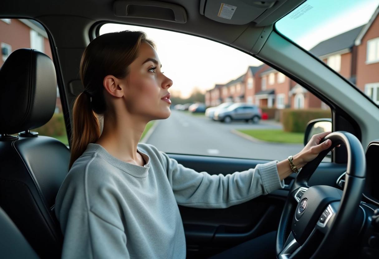 Jeune femme dans une voiture regardant un panneau 50 kmh