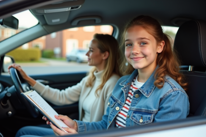 Jeune fille en voiture avec logbook et femme encourageante