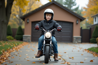 Jeune garçon avec casque sur une moto débutant dans une cour