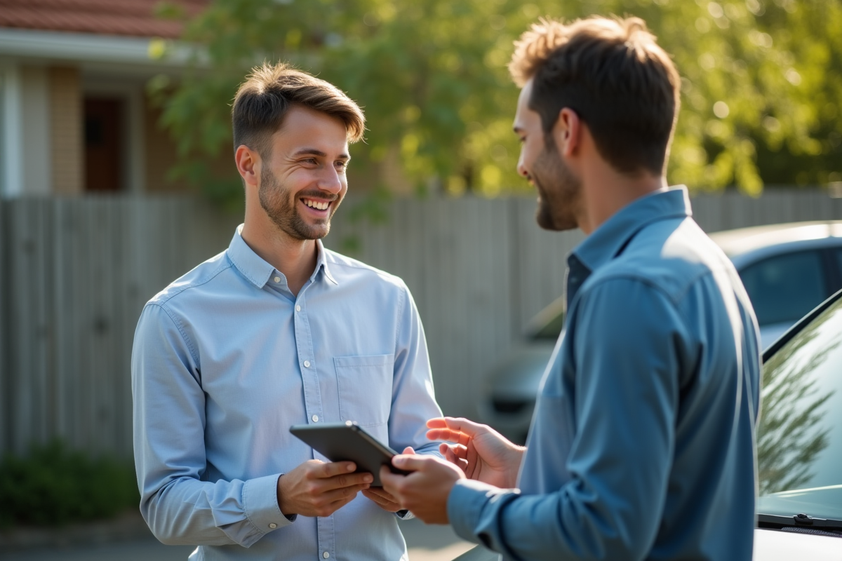 Jeune homme parlant avec agent d