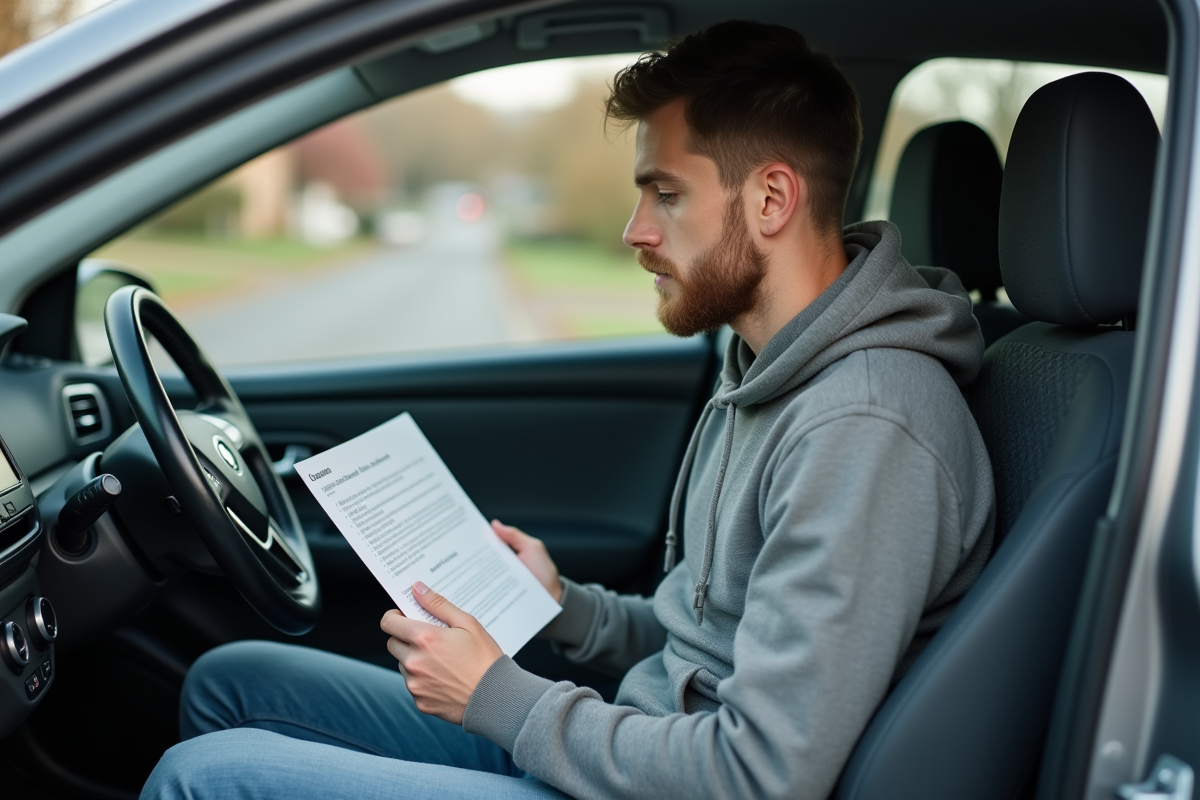 Jeune homme examine ses papiers d assurance dans la voiture