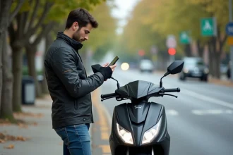 Jeune homme vérifiant une application sur smartphone à côté de sa moto