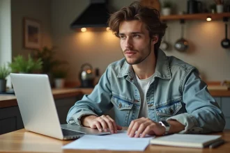 Jeune homme concentré avec document permis B à la maison