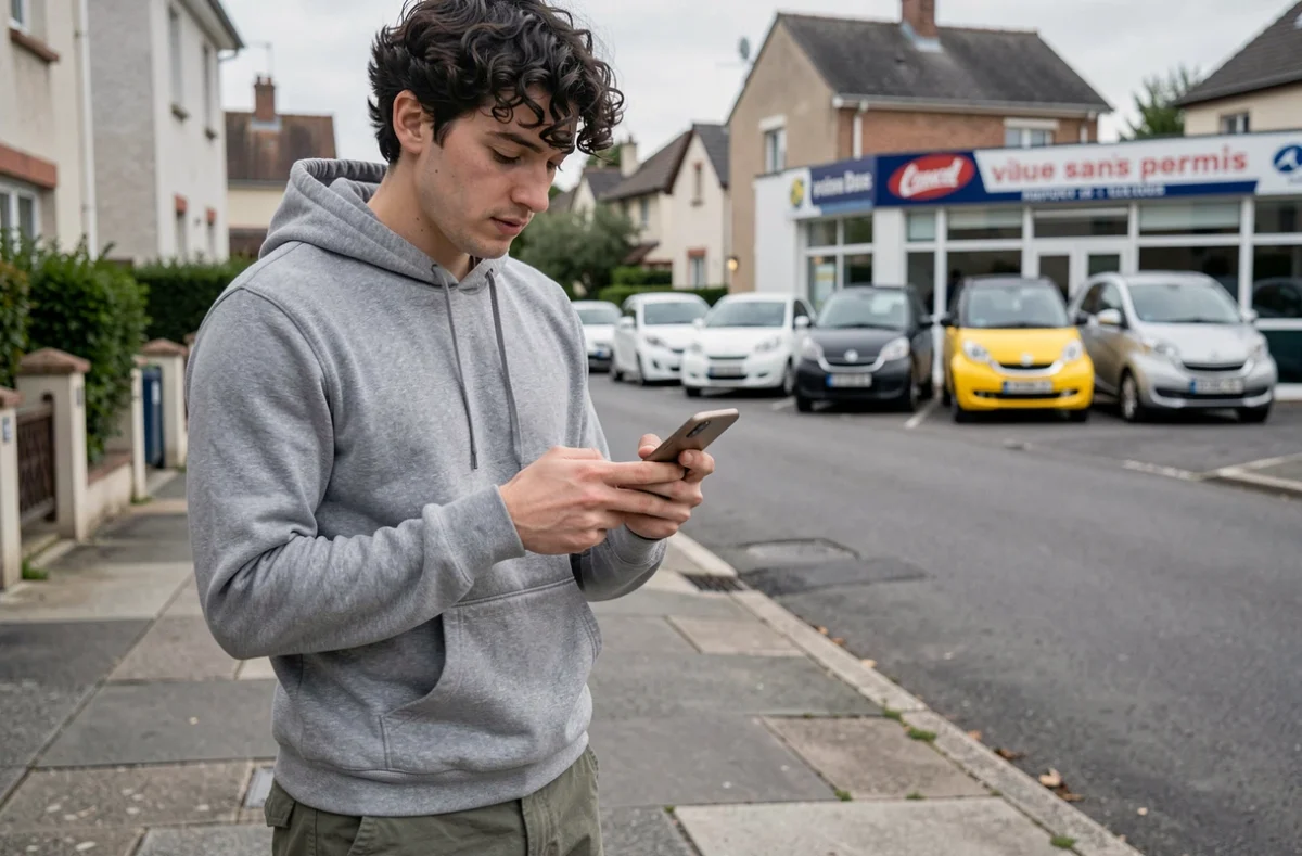 Jeune homme cherchant un magasin de voiture sans permis sur son smartphone en zone périurbaine