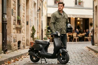 Jeune homme avec un casque sous le bras posant à côté d'un scooter 50cc noir dans une rue pavée française