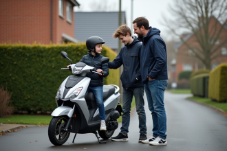 Adolescent avec son père près d'un scooter dans une cour résidentielle