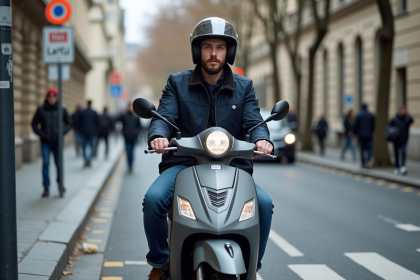 Jeune homme en scooter à Paris avec casque et veste bleue