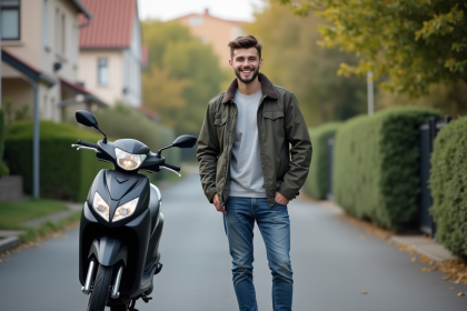 Jeune homme souriant avec scooter dans rue résidentielle