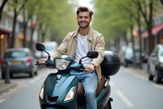 Jeune homme souriant sur un scooter en ville