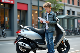 Jeune garçon souriant avec scooter en ville