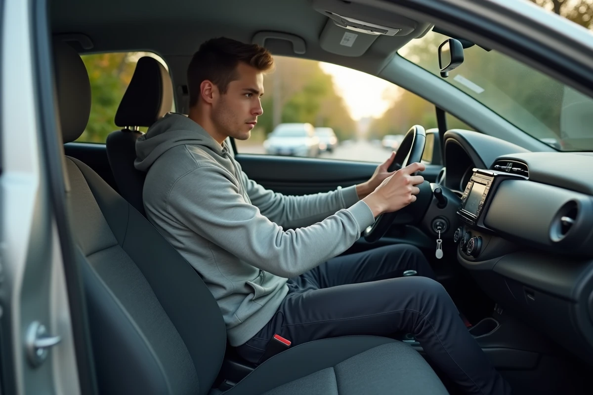 Jeune homme au volant d'une Toyota Yaris argentée inspectant le tableau de bord, porte ouverte dans une rue calme