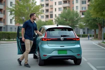 Jeune homme ouvrant une voiture électrique en ville