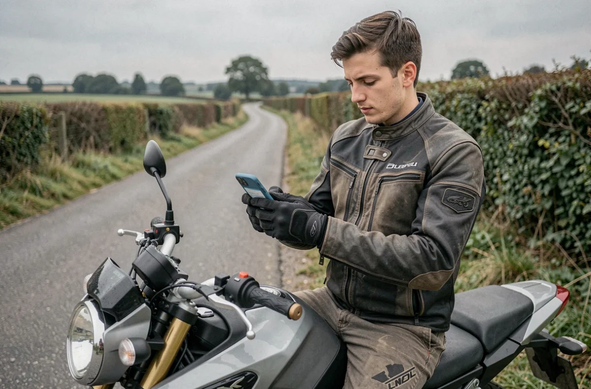Jeune motard consultant un comparateur d'assurance moto sur une route de campagne