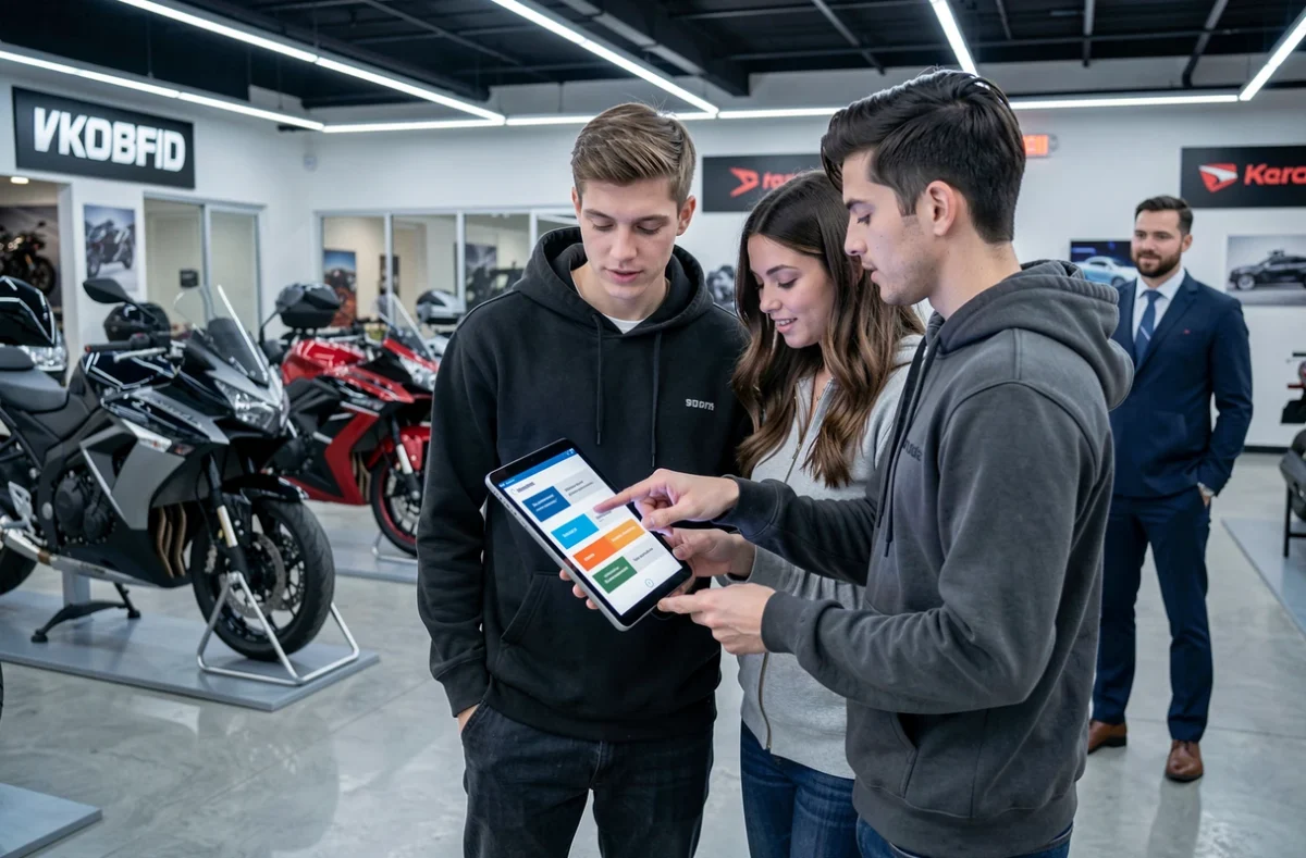 Deux jeunes adultes comparant des assurances moto sur tablette dans une concession