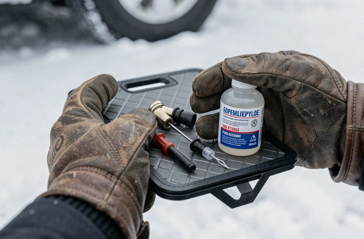Gros plan sur un kit de réparation pneu tubeless avec bouchons et liquide préventif tenu en hiver
