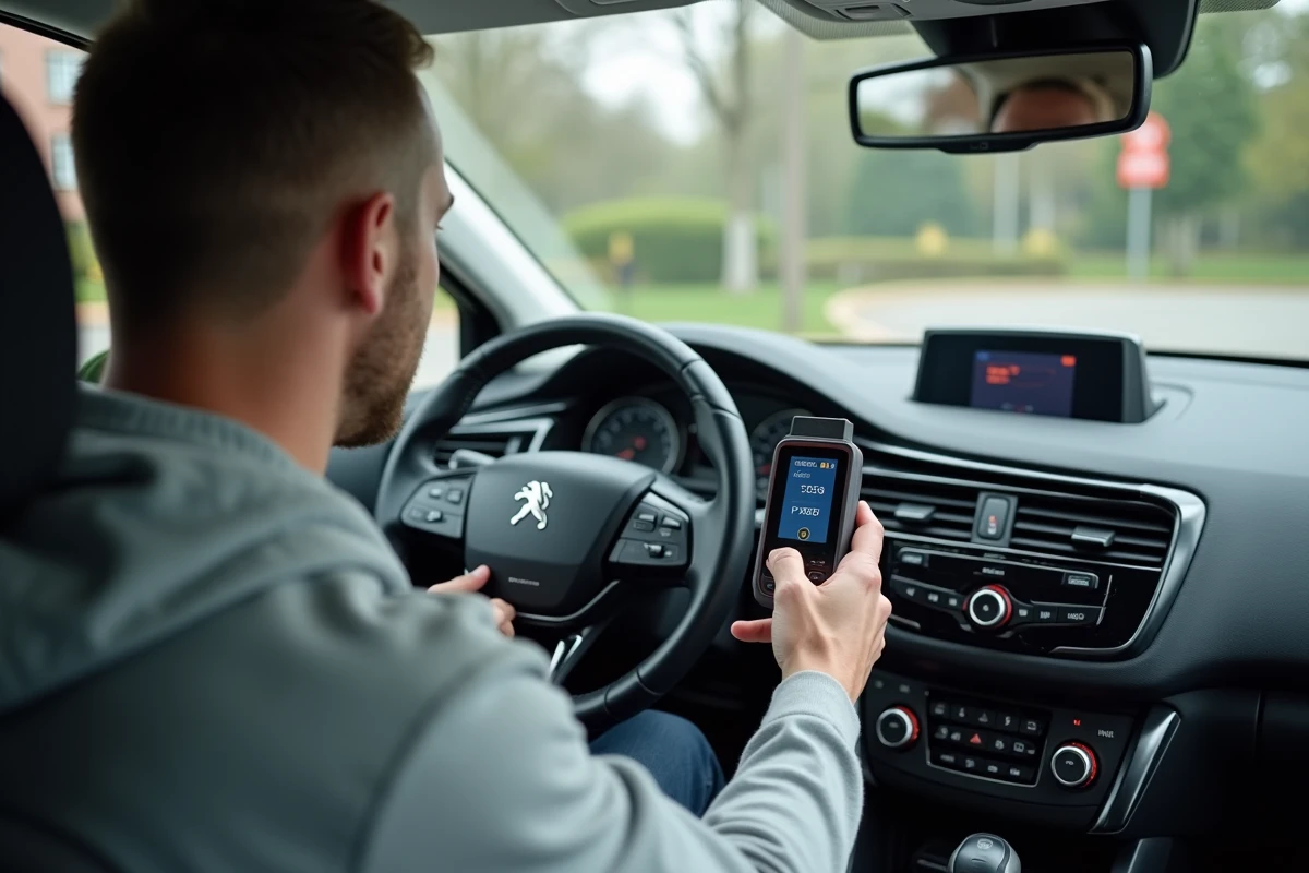 Lecteur de code OBD2 affichant le défaut P2563 dans l'habitacle d'une Peugeot 3008