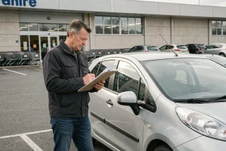 Homme examinant un contrat de location de voiture devant un hypermarché Leclerc dans un parking