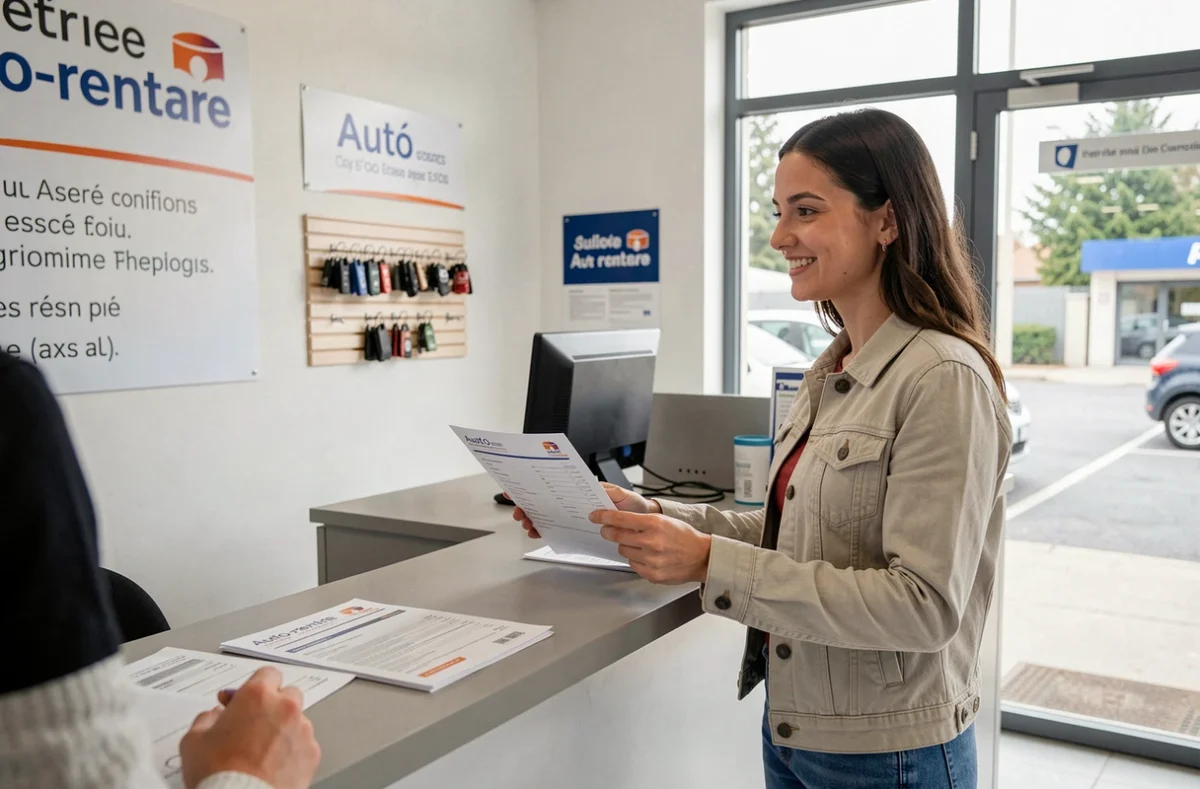 Jeune femme louant une voiture sans permis dans une agence de location à Brive, signant les documents au comptoir