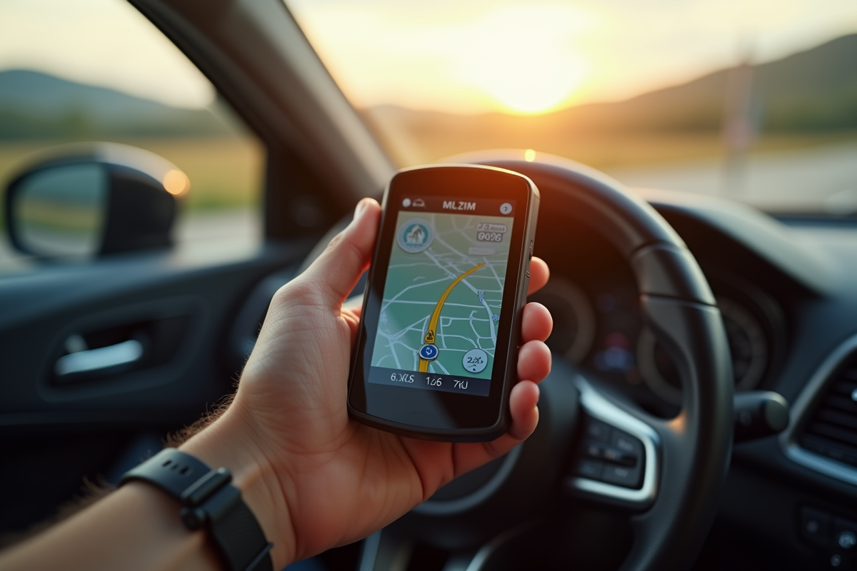Main tenant un GPS avec carte numérique dans la voiture